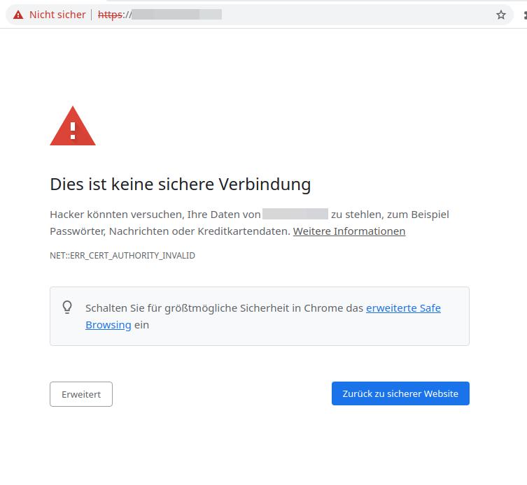 Beispielbild der Warnung beim Versuch eine Webseite mit fehlerhaftem Zertifikat zu öffnen.